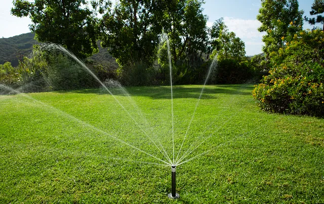 Ein Sprinkler bewässert eine Rasenfläche vor einem Hintergrund aus Bäumen und Sträuchern, gesteuert durch eine umfassende Bewässerungsplanung.